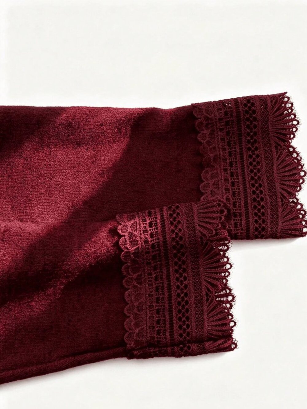 Burgundy Casual Women's Loose Fit Lace Trim V-Neck Knit Cardigan - Picture 7 of 9
